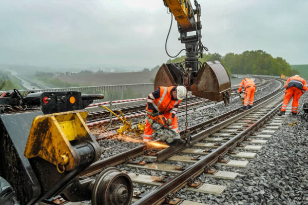 Chemnitz, Germany, May 19, 2010 - A construction worker cuts through a track on a railway bridge near Chemnitz in Saxony.